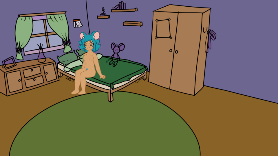 A sketch of our Game's Main Menu, with Kaiko sitting on her bed. The image is colored but not shaded.