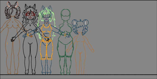 Sizes of our characters, it shows characters standing next to eachother which allows you to compare how high they are with relation to eachother.